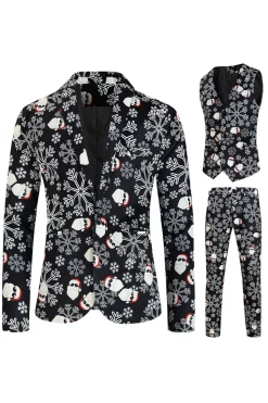 Men's Black Christmas Printed 3-Piece One Button Party Suits