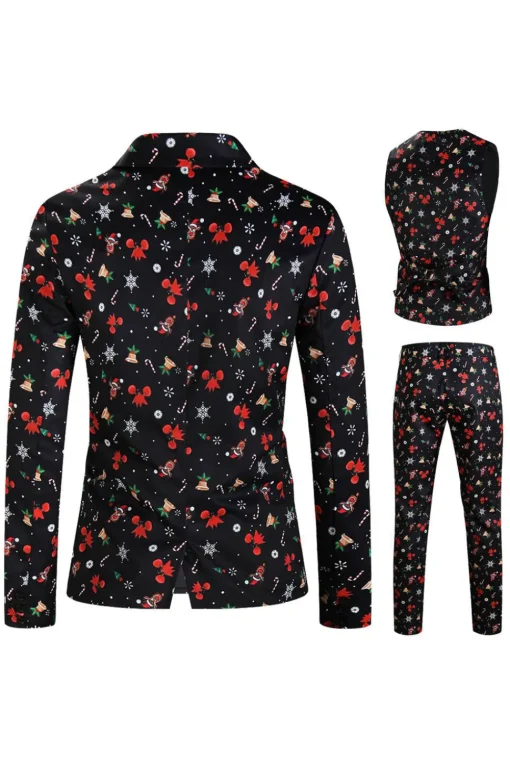 Men's Black Christmas Printed 3-Piece One Button Party Suits