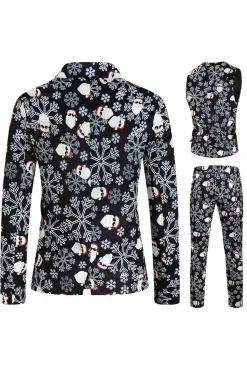 Men's Black Christmas Printed 3-Piece One Button Party Suits