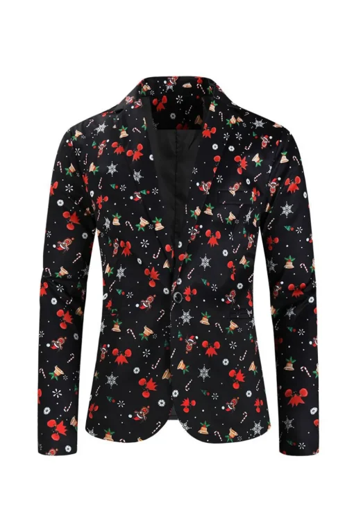 Men's Black Christmas Printed 3-Piece One Button Party Suits