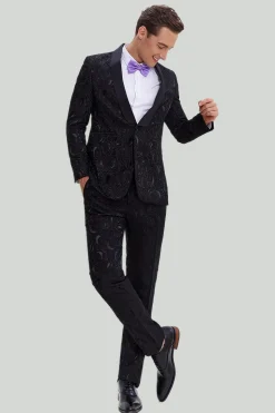 Men's Black 2-piece Jacquard One Button Fit Suit Set