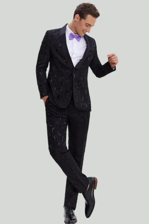 Men's Black 2-piece Jacquard One Button Fit Suit Set