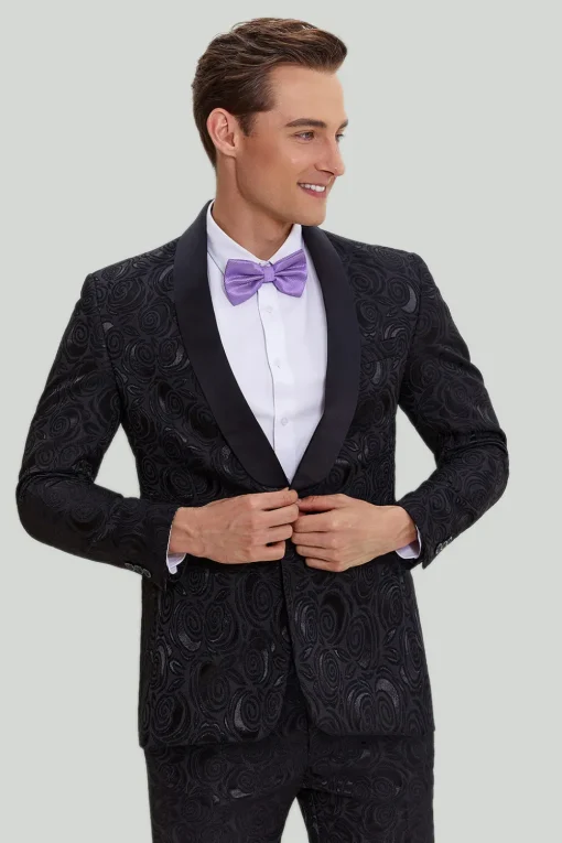 Men's Black 2-piece Jacquard One Button Fit Suit Set