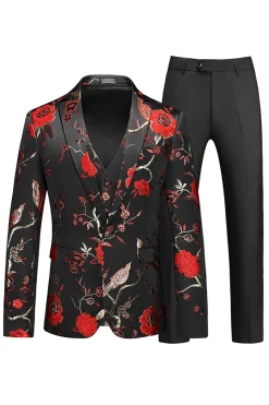 Men's Red Jacquard 3-Piece Notched Lapel Homecoming Suits