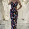 Mermaid Black Spaghetti Straps Embroidered Prom Dress with Slit