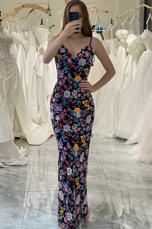 Mermaid Black Spaghetti Straps Embroidered Prom Dress with Slit