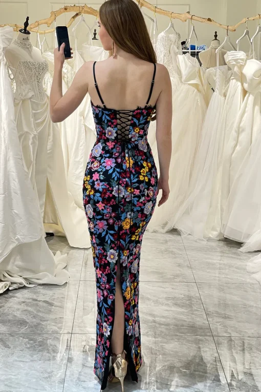 Mermaid Black Spaghetti Straps Embroidered Prom Dress with Slit