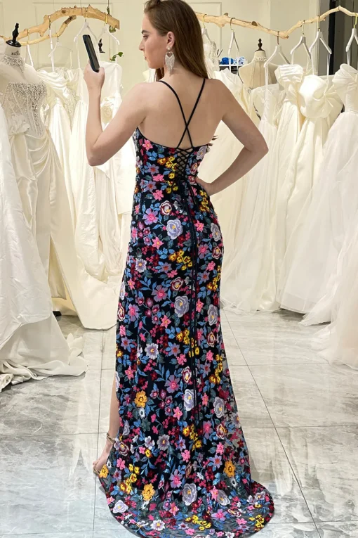 Mermaid Black Spaghetti Straps Long Prom Dress with Slit