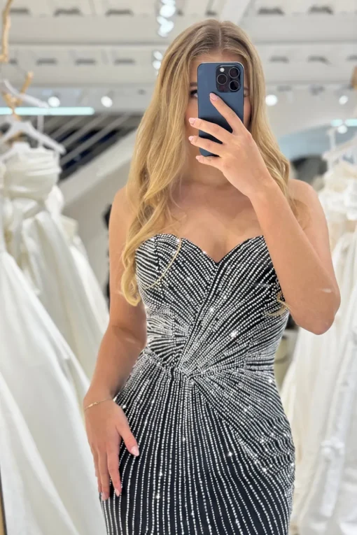 Mermaid Black Strapless Beaded Prom Dress with Slit