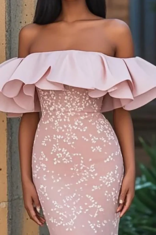 Mermaid Blush Off the Shoulde Sleeveless Appliqued Prom Dress