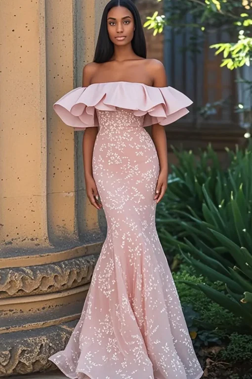 Mermaid Blush Off the Shoulde Sleeveless Appliqued Prom Dress