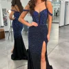 Mermaid Cold Shoulder Sparkly Navy Long Prom Dress with Slit