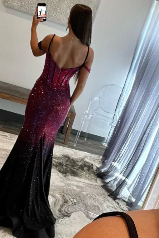 Mermaid Cold Shoulder Sparkly Navy Long Prom Dress with Slit
