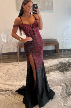 Mermaid Cold Shoulder Sparkly Navy Long Prom Dress with Slit