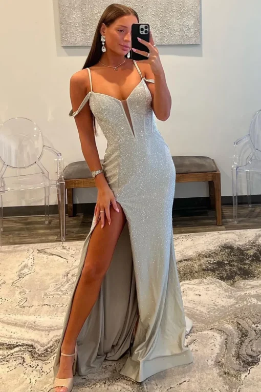 Mermaid Cold Shoulder Sparkly Navy Long Prom Dress with Slit