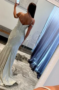 Mermaid Cold Shoulder Sparkly Navy Long Prom Dress with Slit