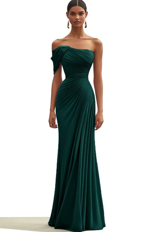 Mermaid Dark Green One Shoulder Pleated Long Formal Dress