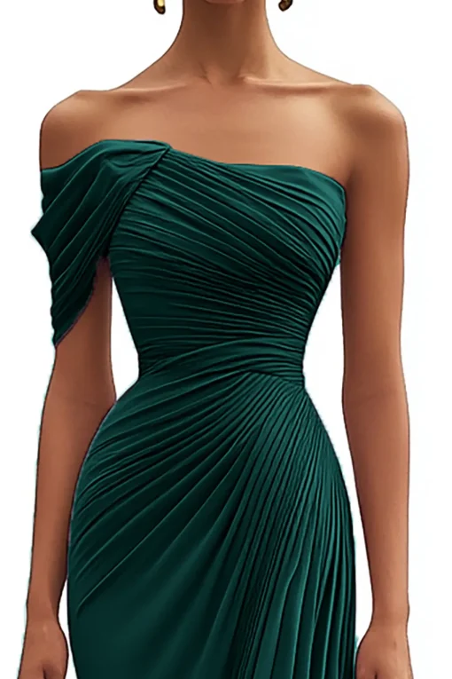 Mermaid Dark Green One Shoulder Pleated Long Formal Dress