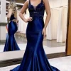 Mermaid Deep V Neck Navy Long Prom Dress with Appliques