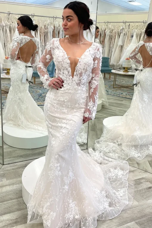 Mermaid Deep V-Neck White Long Wedding Dress with Sleeves