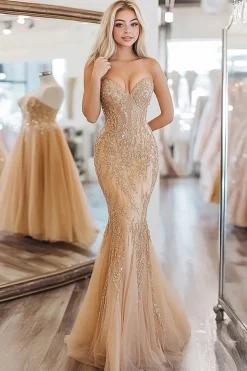 Mermaid Gold Sequin Sleeveless Long Prom Dress