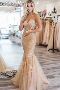 Mermaid Gold Sequin Sleeveless Long Prom Dress