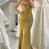 Mermaid Golden Strapless Corset Long Prom Dress with Slit