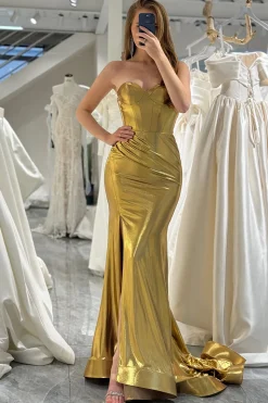 Mermaid Golden Strapless Corset Long Prom Dress with Slit