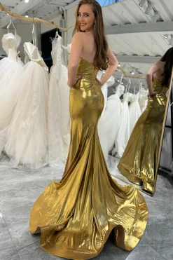 Mermaid Golden Strapless Corset Long Prom Dress with Slit