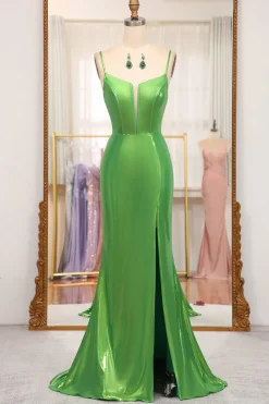 Mermaid Green Spaghetti Straps Prom Dress with Slit