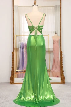 Mermaid Green Spaghetti Straps Prom Dress with Slit