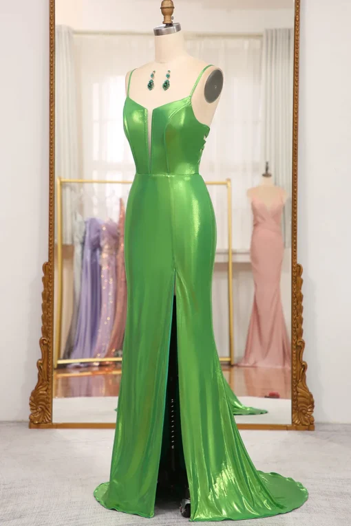 Mermaid Green Spaghetti Straps Prom Dress with Slit