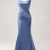 Mermaid Grey Blue Satin Spaghetti Straps Long Prom Dress