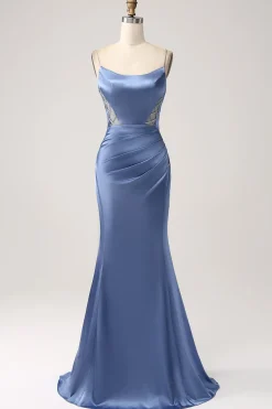Mermaid Grey Blue Satin Spaghetti Straps Long Prom Dress
