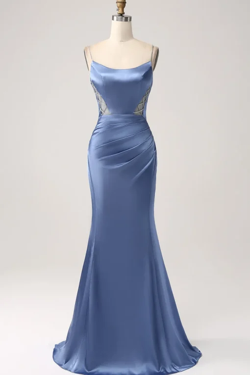 Mermaid Grey Blue Satin Spaghetti Straps Long Prom Dress