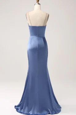 Mermaid Grey Blue Satin Spaghetti Straps Long Prom Dress