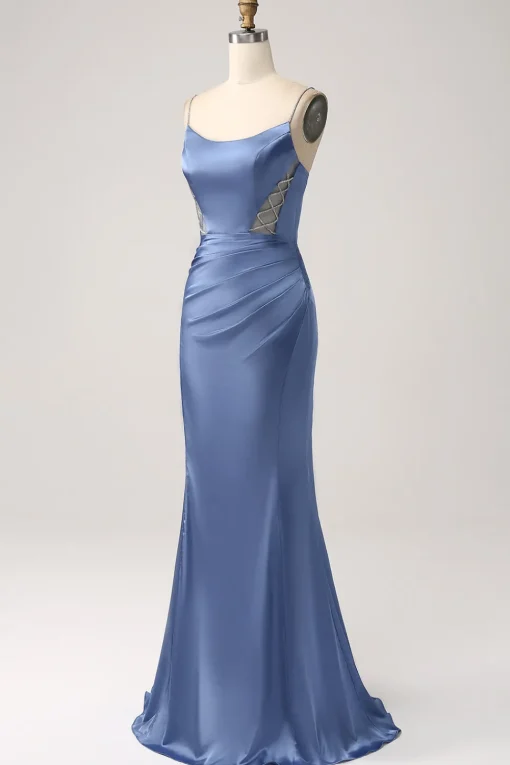 Mermaid Grey Blue Satin Spaghetti Straps Long Prom Dress