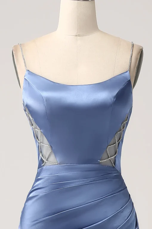 Mermaid Grey Blue Satin Spaghetti Straps Long Prom Dress