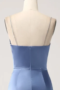 Mermaid Grey Blue Satin Spaghetti Straps Long Prom Dress