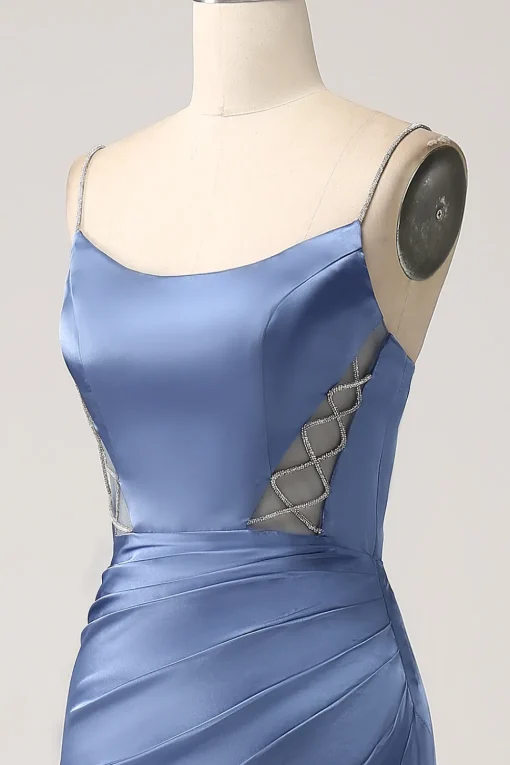Mermaid Grey Blue Satin Spaghetti Straps Long Prom Dress