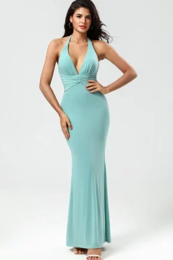 Mermaid Halter Green Long Bridesmaid Dress with V-neck