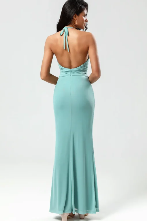 Mermaid Halter Green Long Bridesmaid Dress with V-neck