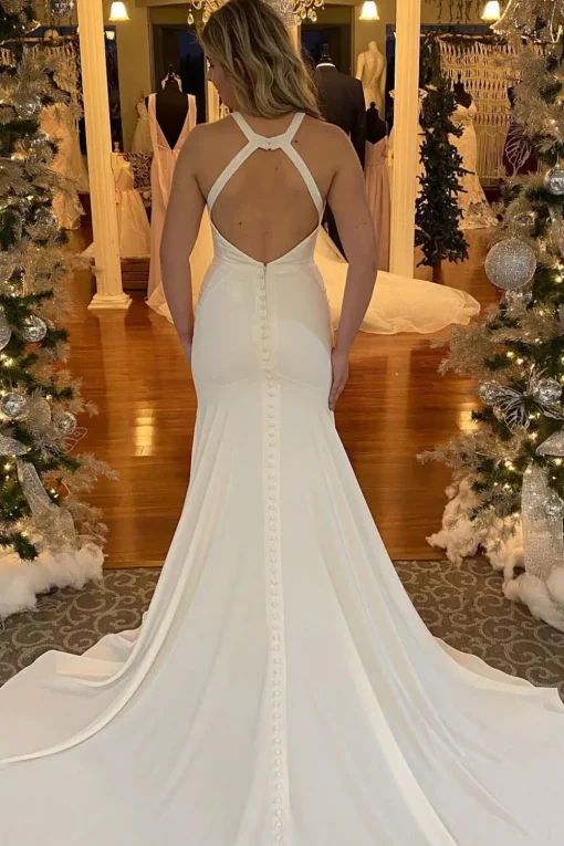Mermaid Halter White Long Simple Wedding Dress with Button