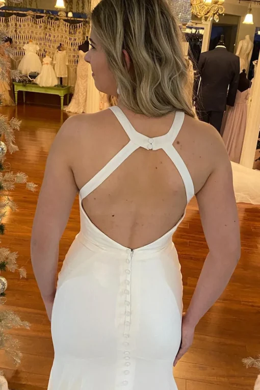 Mermaid Halter White Long Simple Wedding Dress with Button