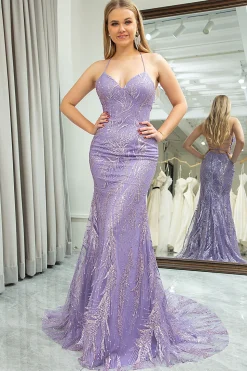 Mermaid Lilac Spaghetti Straps Beaded Long Prom Dress