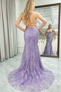Mermaid Lilac Spaghetti Straps Beaded Long Prom Dress