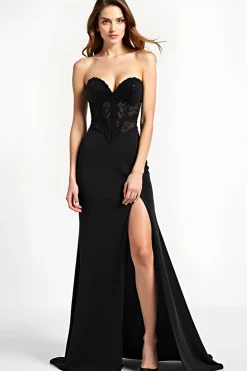 Mermaid Long Lace Up Back Black Tie Dress With Slit