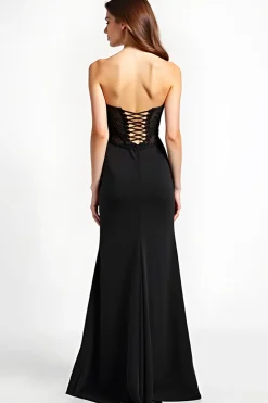 Mermaid Long Lace Up Back Black Tie Dress With Slit
