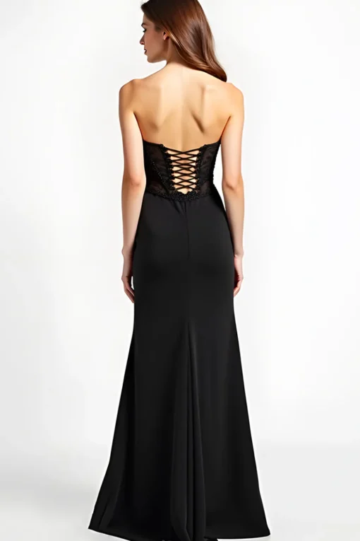 Mermaid Long Lace Up Back Black Tie Dress With Slit