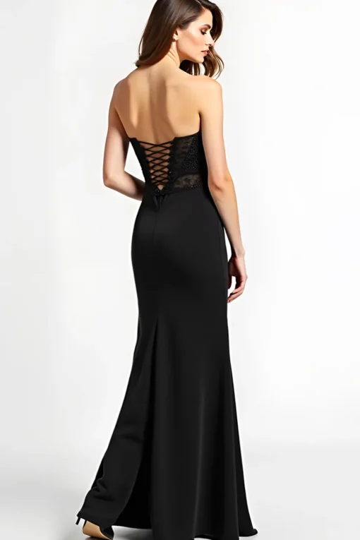 Mermaid Long Lace Up Back Black Tie Dress With Slit